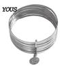 Vintage Inspired Bracelet Women with Portrait Coin Pendant, Multi-Layer Surround Check Pattern Stacking Effect Bangle, Electroplated Elastic Fit Wrist