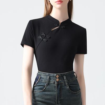 New Chinese Style Slanted Placket Cheongsam Collar Top New Women's Clothing, Chinese Style Stand-up Collar Short-sleeved T-shirt for Women