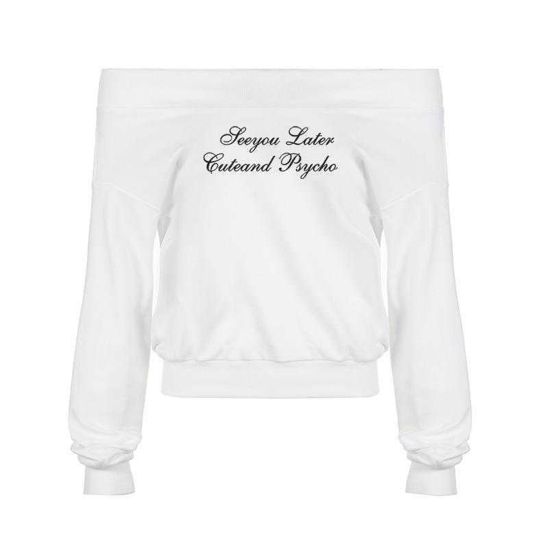 Women's Retro Small Letters Printed One-shoulder Sexy Long-sleeved Tops Loose Versatile Lazy Style Sweater T-shirt