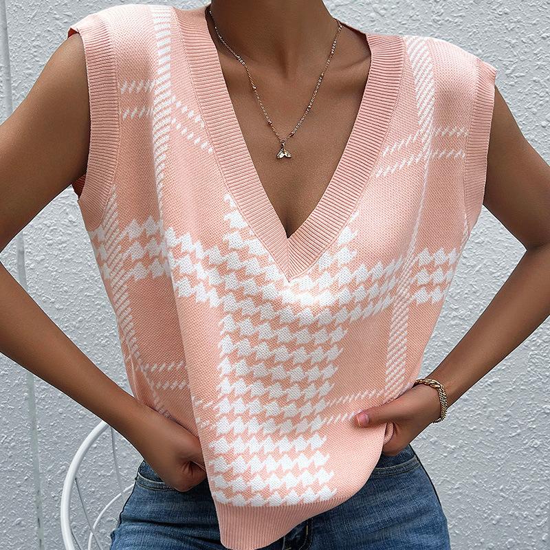 Vintage Fashion Elegant Casual Autumn and Winter Women's Kilobird Check Knitted Sweater Vest