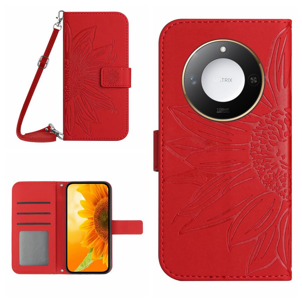 For Honor X9c Smart 5G Case Sunflower Imprint PU Leather Phone Cover with Long Strap