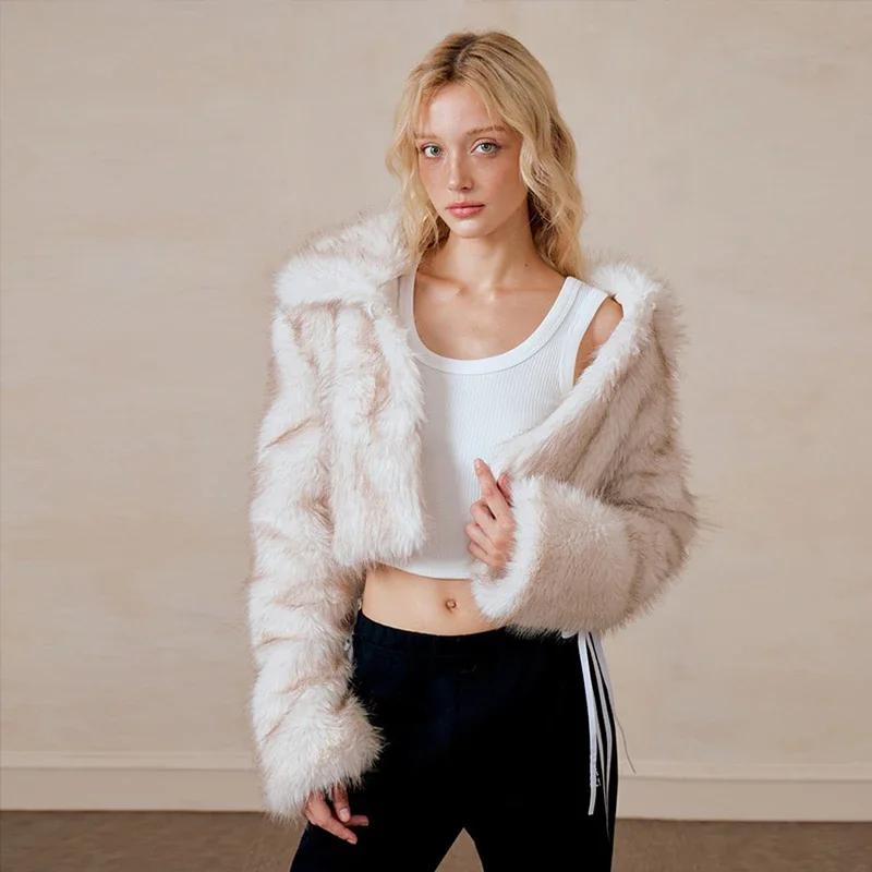 Luxury Fluffy Faux Fur Coat Women Cropped Turn Down Collar Jacket Fashion Thick War Outerwear 2024 Lady New Streetwear Overcoats