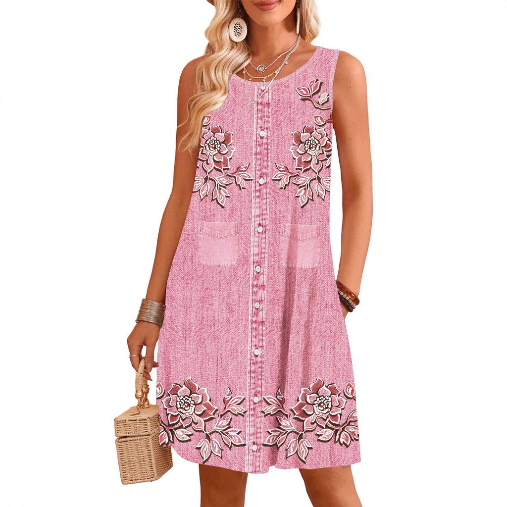 Standard dress for summer, milk thread fabric, digital print slip dress with faux denim, sleeveless straight-leg loose fit
