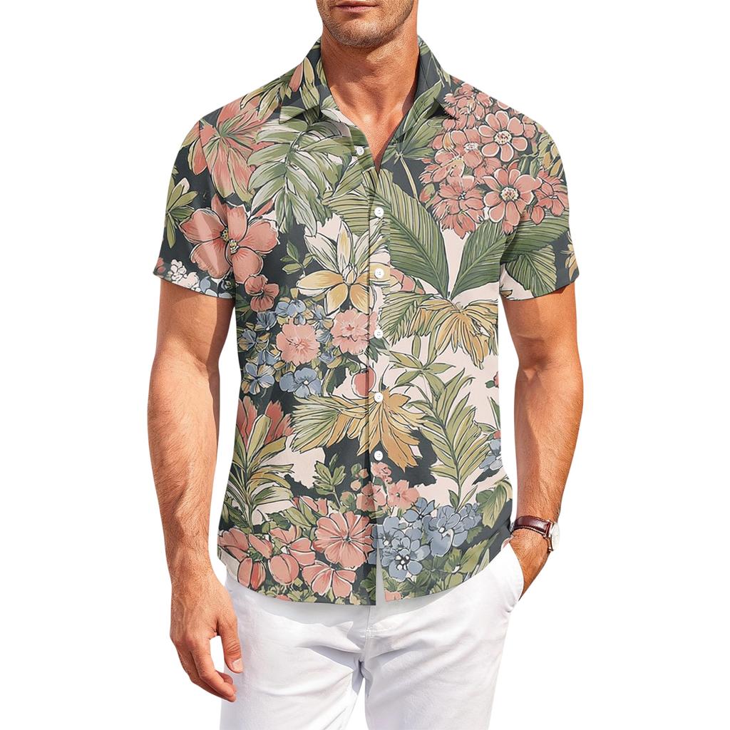 Men's Casual Loose Fit Hawaiian Print Short Sleeve Shirt Lightweight Breathable Summer Beachwear Button Down Shirt