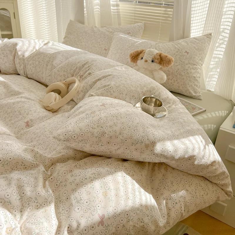2025 Duvet Set Double Yarn Four-piece Set Class A Aerobic Knitted Cotton Printed Love Bed Cover Skin Friendly Breathable Bedding
