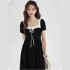 French retro square neck short-sleeved Hepburn style small black dress design sense temperament waist cover belly thin dress women's summer