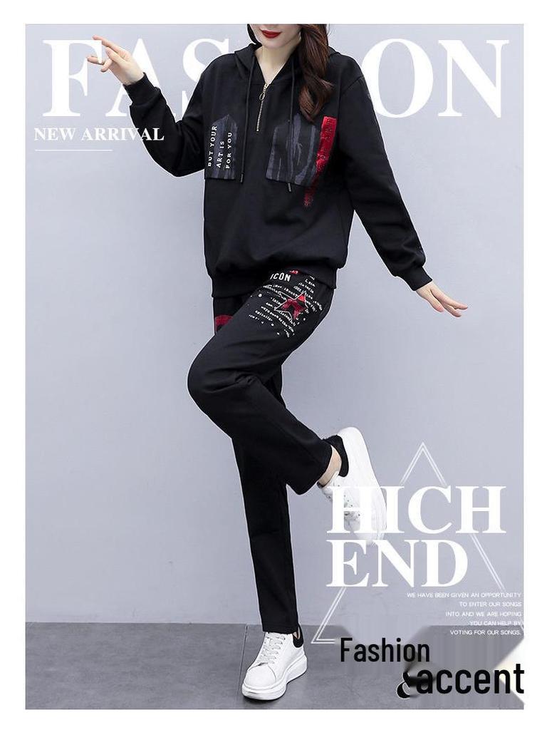 Women's 2025 Autumn/Winter Fleece-Lined Loose Sportswear Set: Long-Sleeve Sweatshirt & Trendy Long Pants.