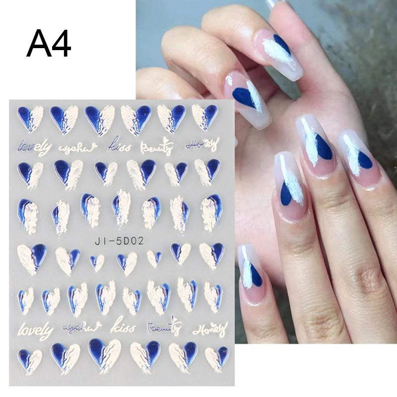 5D Nail Stickers Flowers Heart Shape Decor Acrylic Embossed Slippers Gold Frame Nail Decals Cherry Blossom Manicure