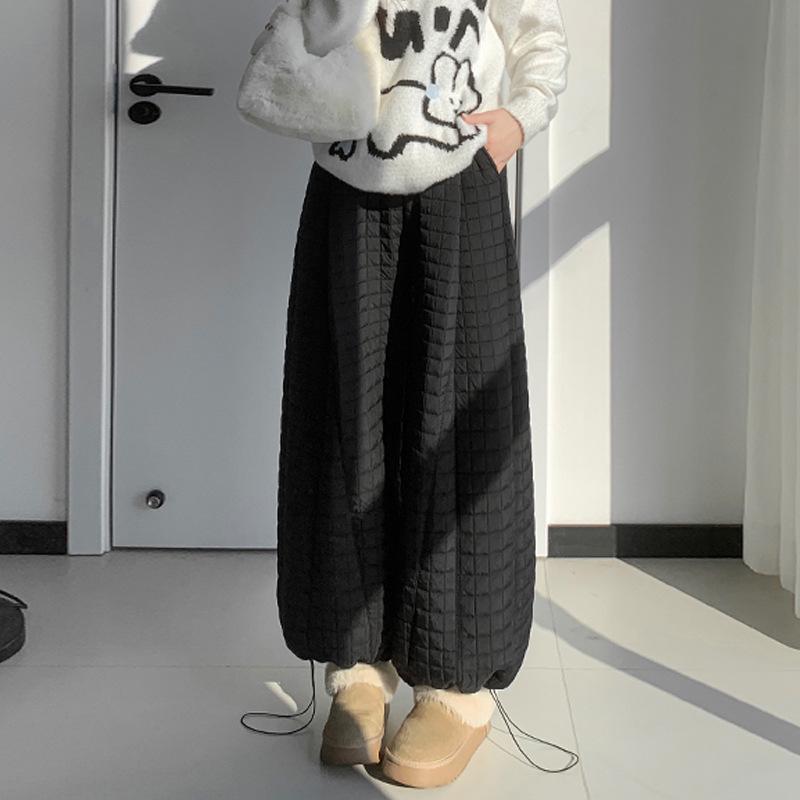 Women s Fleece-Lined Plaid Quilted Wide-Leg Pants - High-Waisted, Warm, and Casual for Autumn and Winter XL