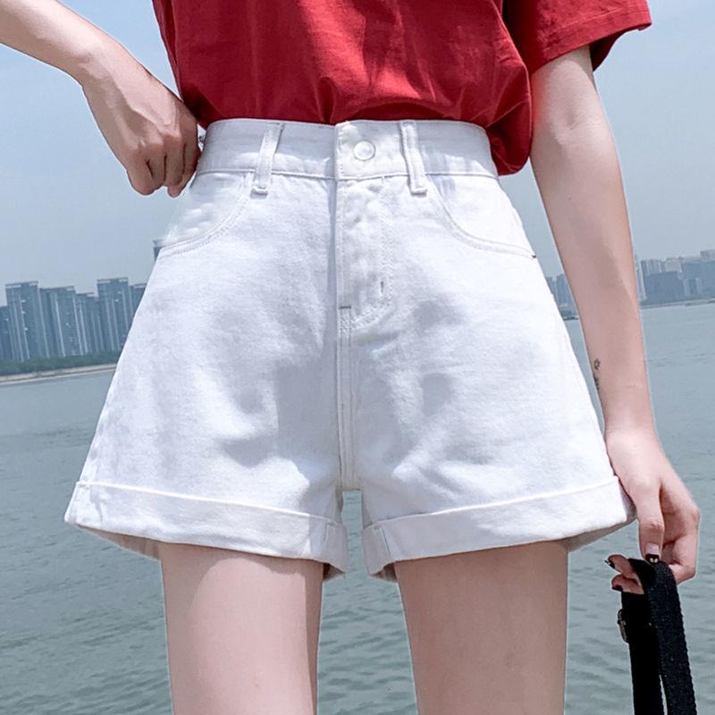 

Женские джинсовые шорты с высокой посадкой 2021 - Корейский стиль, облегающие, широкие штанины с подвернутым краем для лета Medium белый