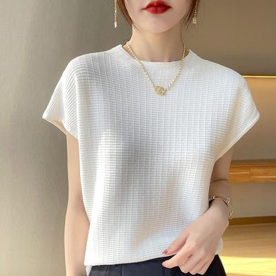 Women's Loose Cross-Stitch Knit Short-Sleeve Sweater - Half-High Collar Plus Size Base Shirt for Autumn