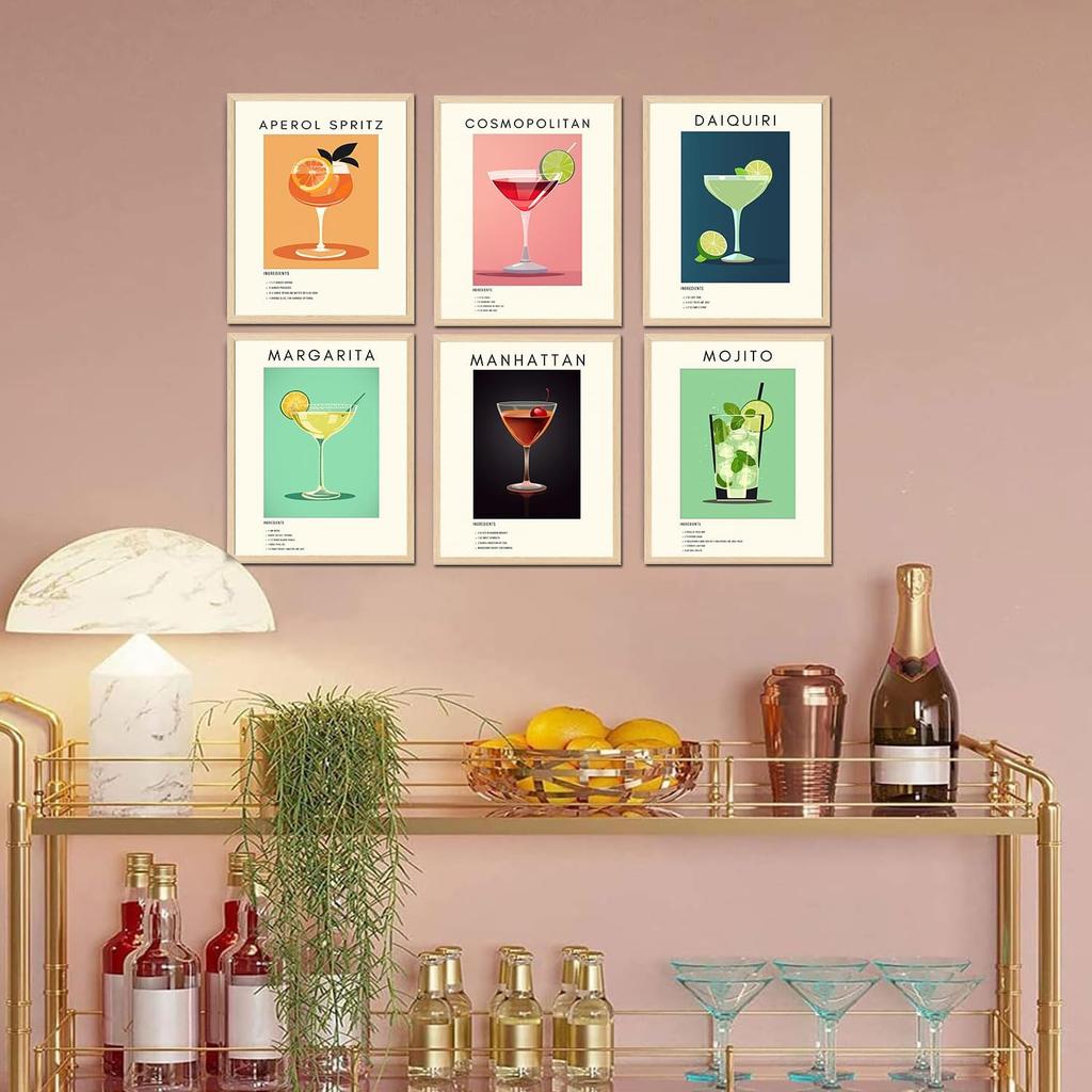 TRAMIN 12pcs Vintage Cocktail Poster, Retro Cocktail Wall Art, Bar Cart Accessories and Decor, Funky Drink Aesthetic Pictures, Colorful Preppy Bar