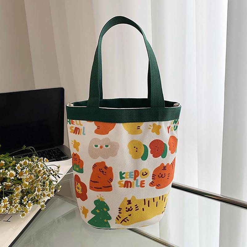 Geantă Găleată Graffiti cu Model Animal Drăguț Portabilă Geantă Cilindrică cu Inscripție Ins Geantă Canvas pentru Bento Geantă de Mână pentru Cutia de Prânz