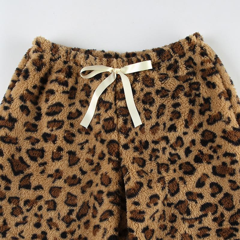 Women's Drawstring Tie Loose Personalised Leopard Print Plush Casual Elastic Low Waist Skinny Niche Straight Leg Pants