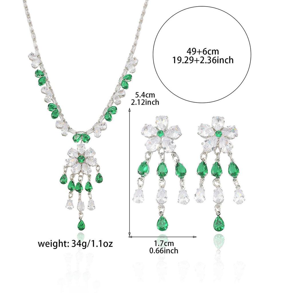 European & American Style Zircon Emerald Plum Blossom Necklace & Earrings Set