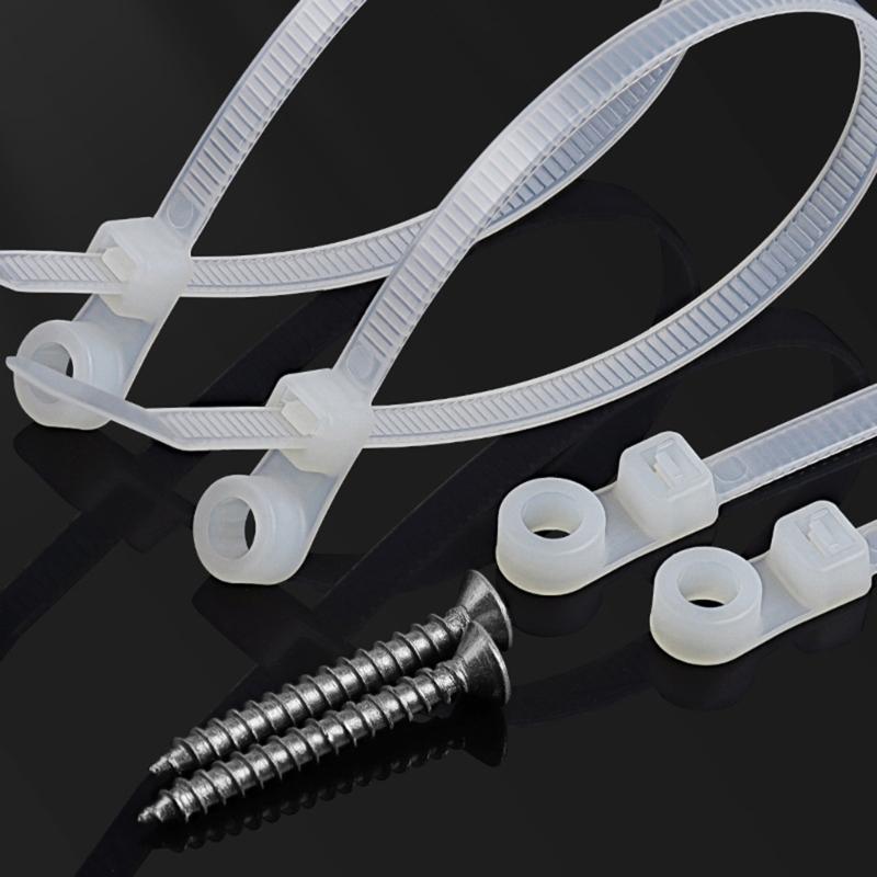 100PCS Automatic Locking Nylon Cable Tie Buckles 18kg Capacity Black White with Screw Mounts for Secure Cord Management