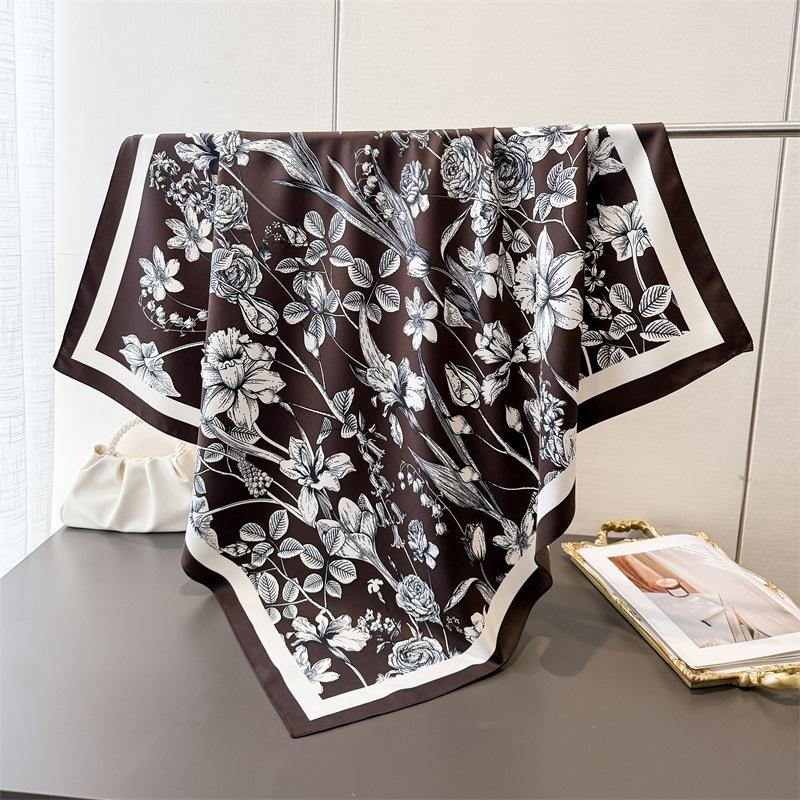 90*90cm Luxury Square Silk Scarf For Women Fashion Print Shawl Warps Elegant Neckerchief Bandanas Hijab Soft Stain Ladies Scarf
