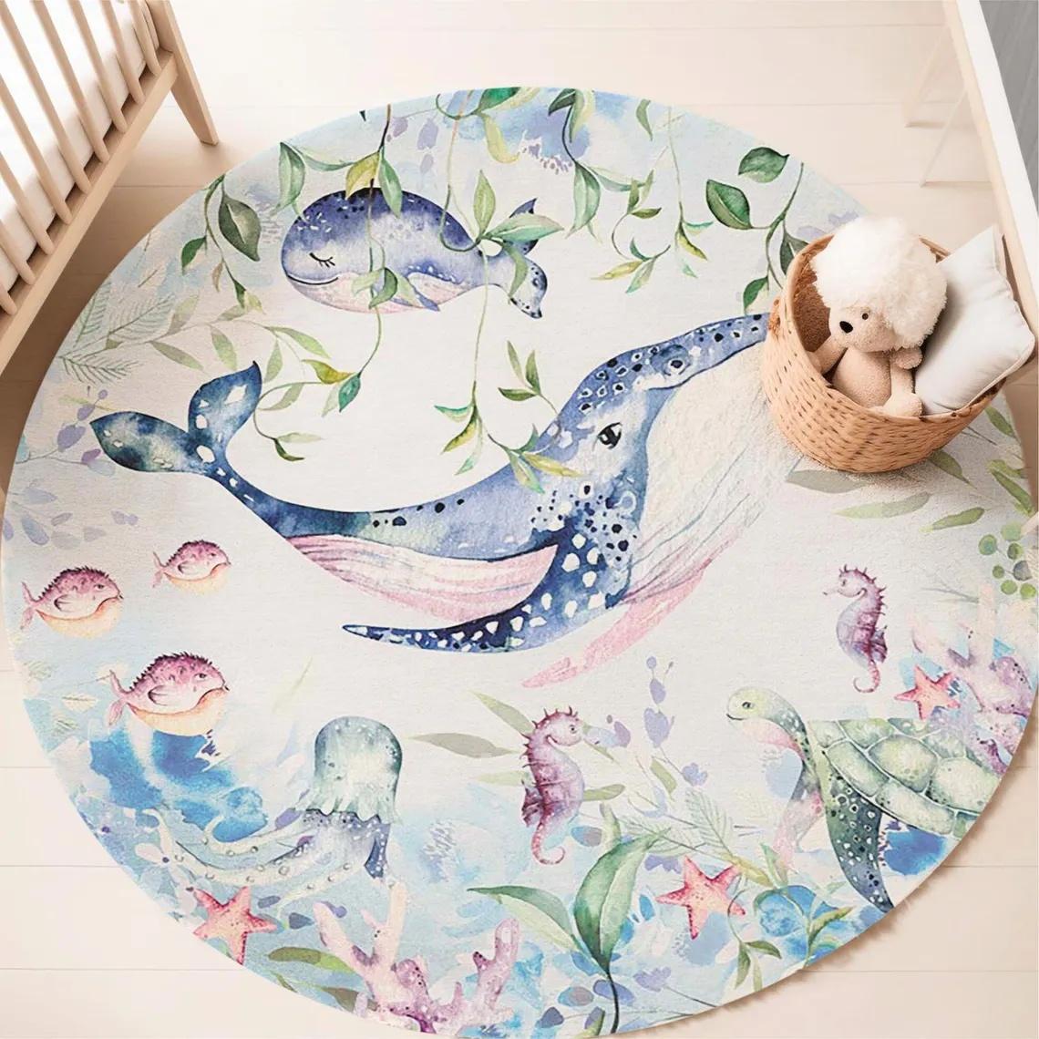 

Blue Marine animal Round Carpet for Living Room Baby Girl Room Kids Playroom Mat Bedroom Soft Rug Nursery Decor kid s playmat 80x80cm