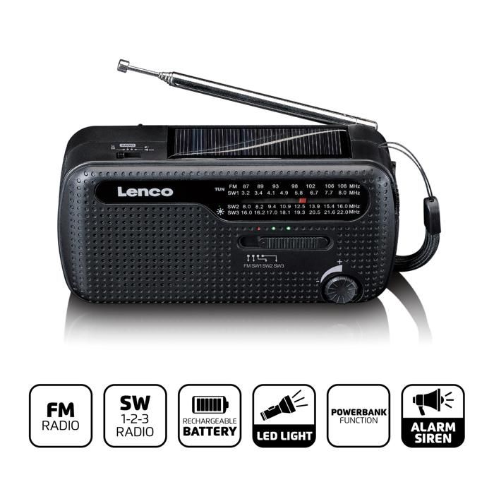 Lenco MCR-113BK - Rádio de emergência portátil com manivela, lanterna e power bank num só aparelho - Preto
