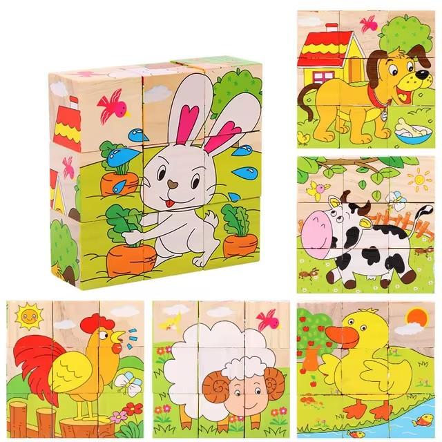 Wooden Six Sided 3D Cube Jigsaw Puzzles Children Kids Toys Animal Fruit Traffic Cognize Early Learning Educational Toys Fun Game