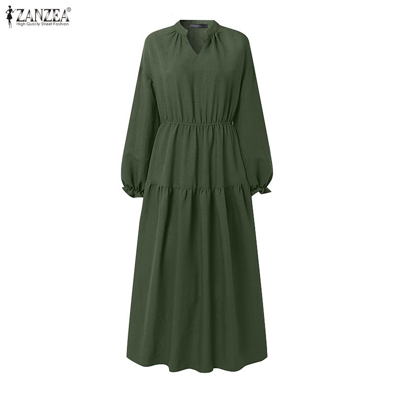 ZANZEA Women Casual V-Neck Long Sleeve Holiday Loose Long Dress
