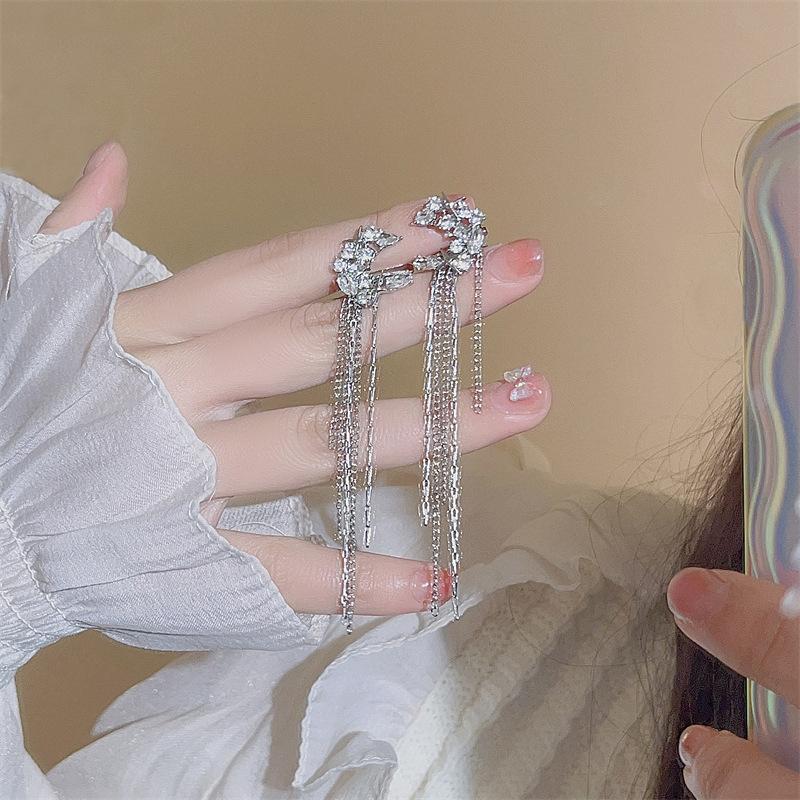 1Pc  Shiny Zircon Moon Star Long Tassel Ear Clip No Piercing Earring Trendy Female Ear Cuff Party Jewelry