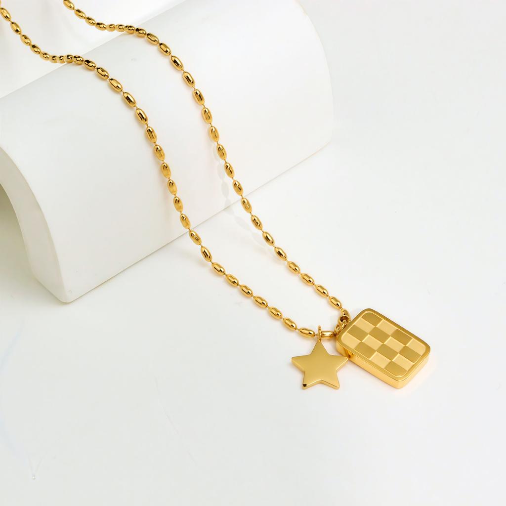 Titanium Steel Plated 18K Gold Checkerboard Square Card Small Star Necklace Niche Female Style Niche Personality Pendant Collarbone Chain