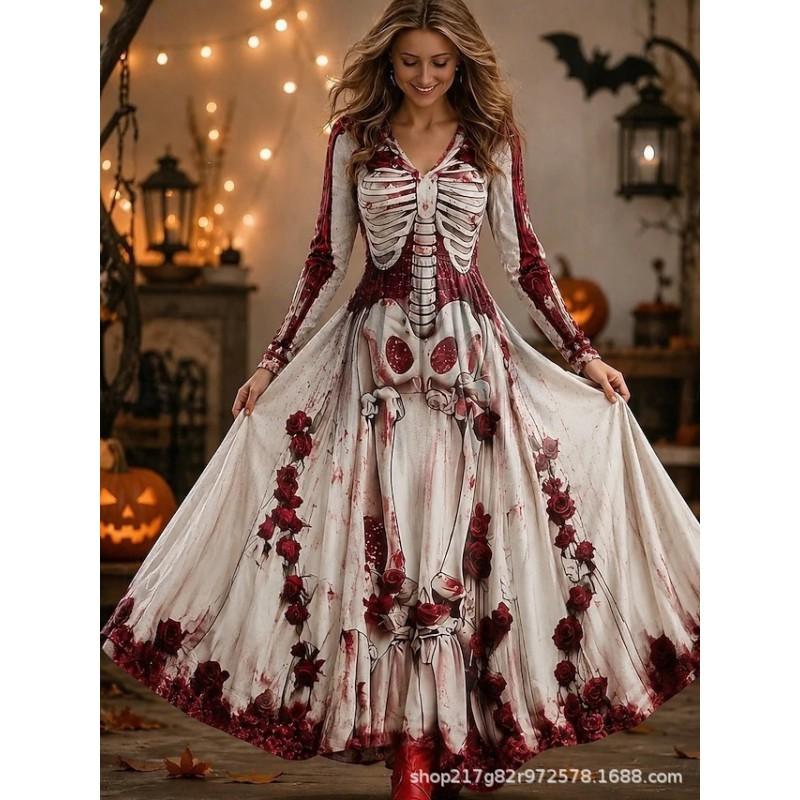 2026 Halloween Womens V-Neck Long Sleeve Maxi Dress With Ghost Pumpkin Witch Print High-Waist Loose Fit Party Gown