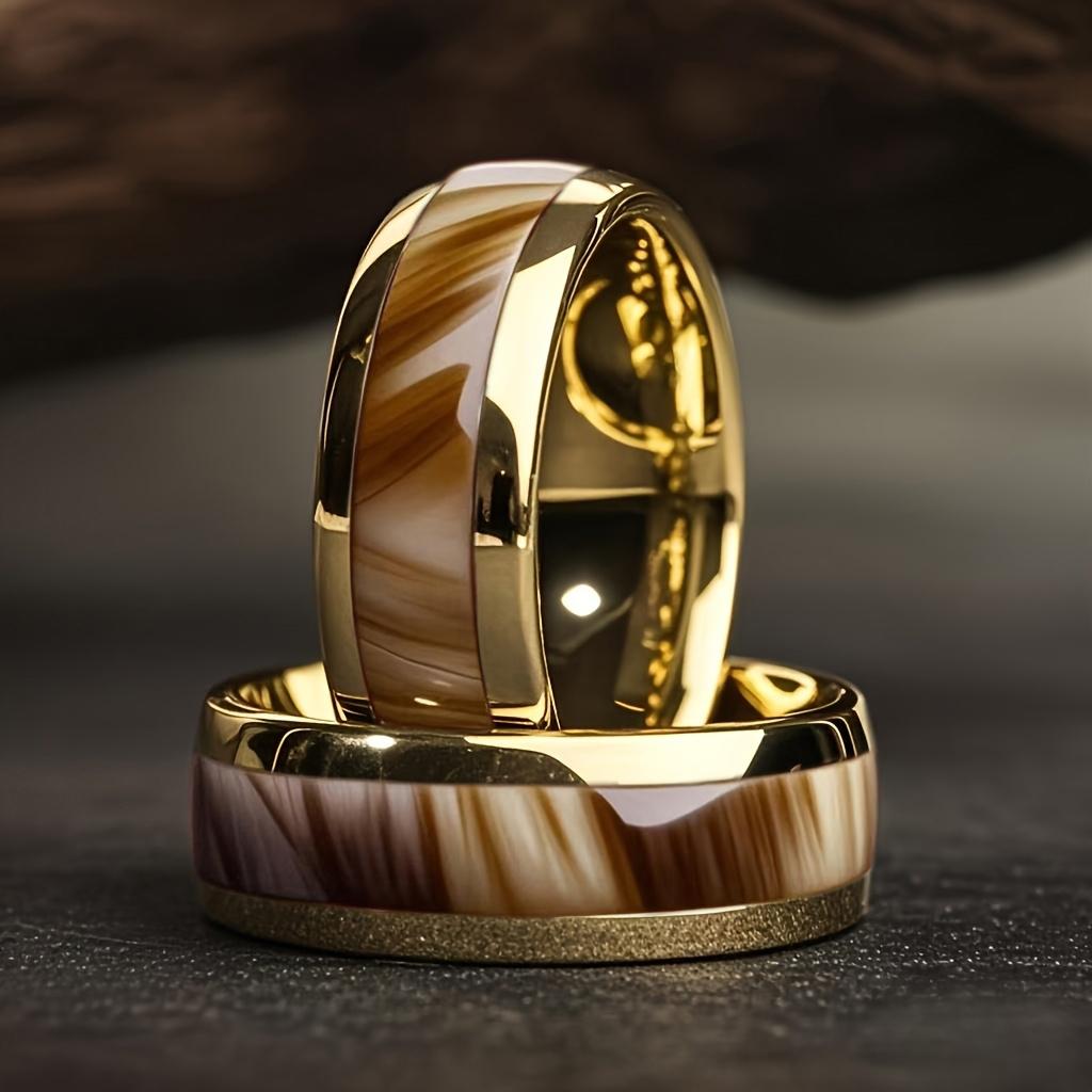 Trendy 8mm Gold Color Men Stainless Steel Ring With Brown Abalone Shell Inlay Rings for Men Women Wedding Jewelry Drop Shipping