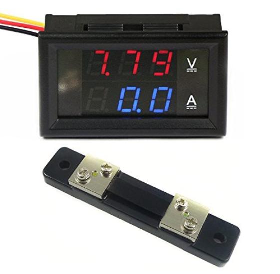 EasyWordMall Digital DC with Shunt Resistor 3-Wire 2-in-1 (Red/Blue) Voltmeter/Ammeter, Red/Blue, 4.5-30V/50A (Divider)