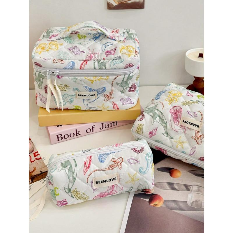 1Pc Colorful Marine Life Pattern Quilting Cosmetic Bag, Cosmetic Pouch, Makeup Bag Large Capacity Kawaii Toiletries Bag Travel Toiletry Organizer