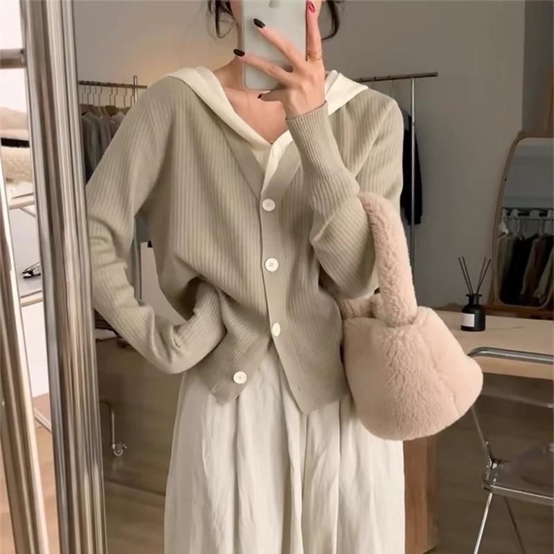 Fake two-piece knitted cardigan women's autumn small man wearing hooded sweater jacket casual loose short top