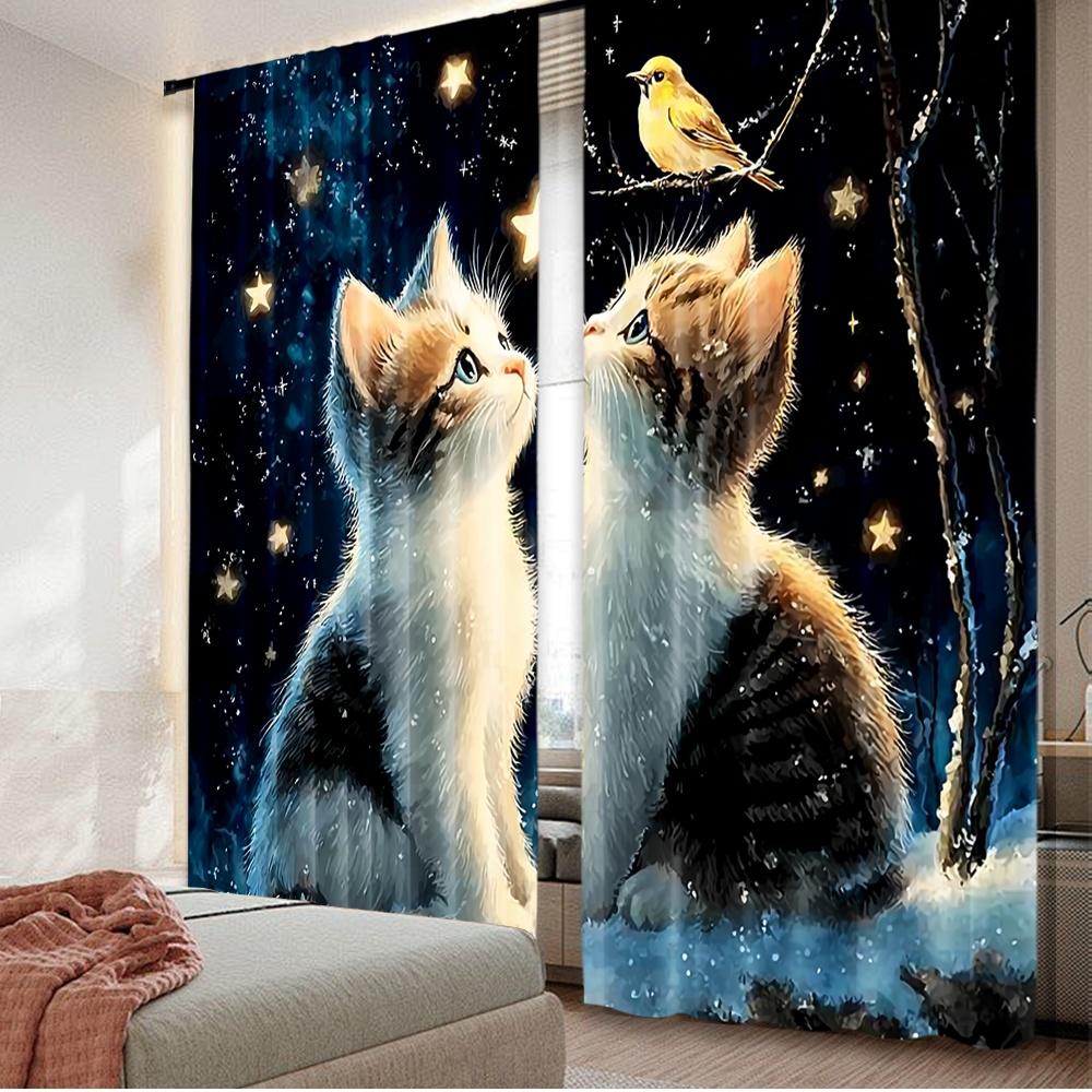 

Set Of 2 Flat Printing Window Curtains Starlit Cat Wonder Digital Printed Polyester Drapes Party Decorations Use Home Wall Curtain W100*H70(CM)-Rod Pocket&2PCS