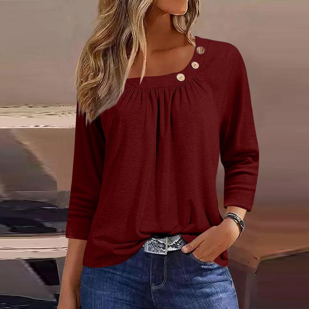 Damen T-Shirt mit Aufdruck, Knopfleiste, 3/4-Ärmel, für den Alltag, Wochenende, modisch, Basic, normale Passform