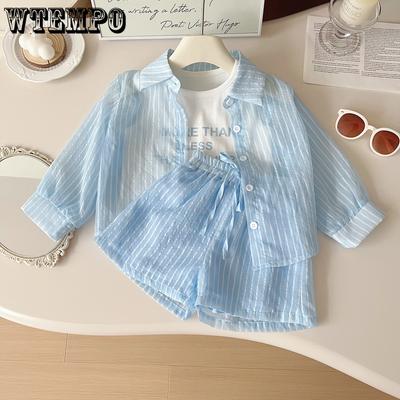 Mädchen Set Sommer Koreanische Kinder Gestreifte Sonnenjacke Langarmshirt Weste Shorts Dreiteiliges Set