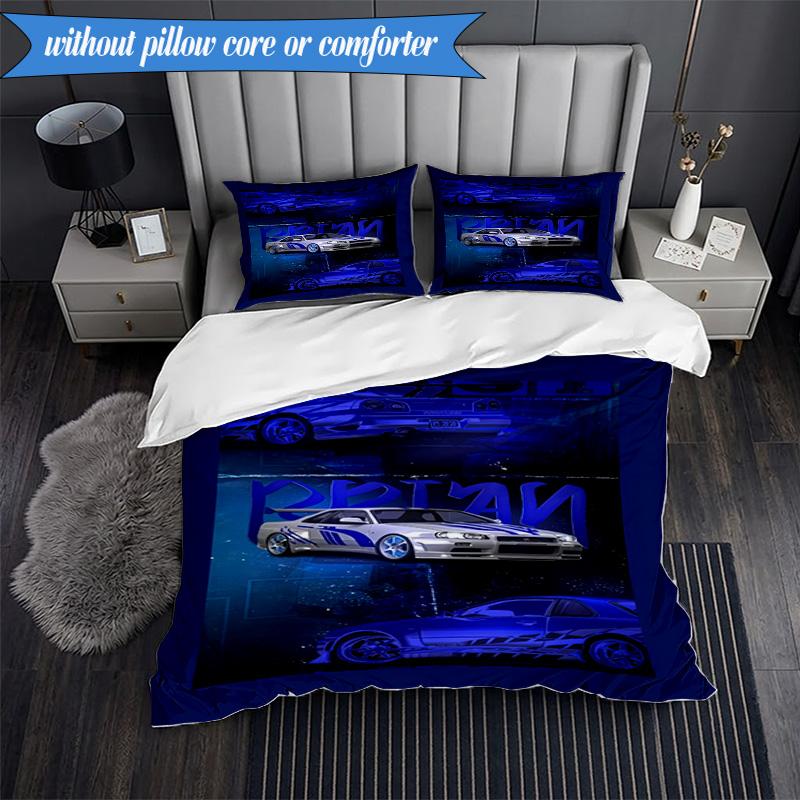 3PCS Skyline Blue Racing Spirit Speed Style Bedding Set 2D Printing (Includes 1 Duvet Cover + 2 Pillowcases Coreless), Bedroom decor,Fan gift