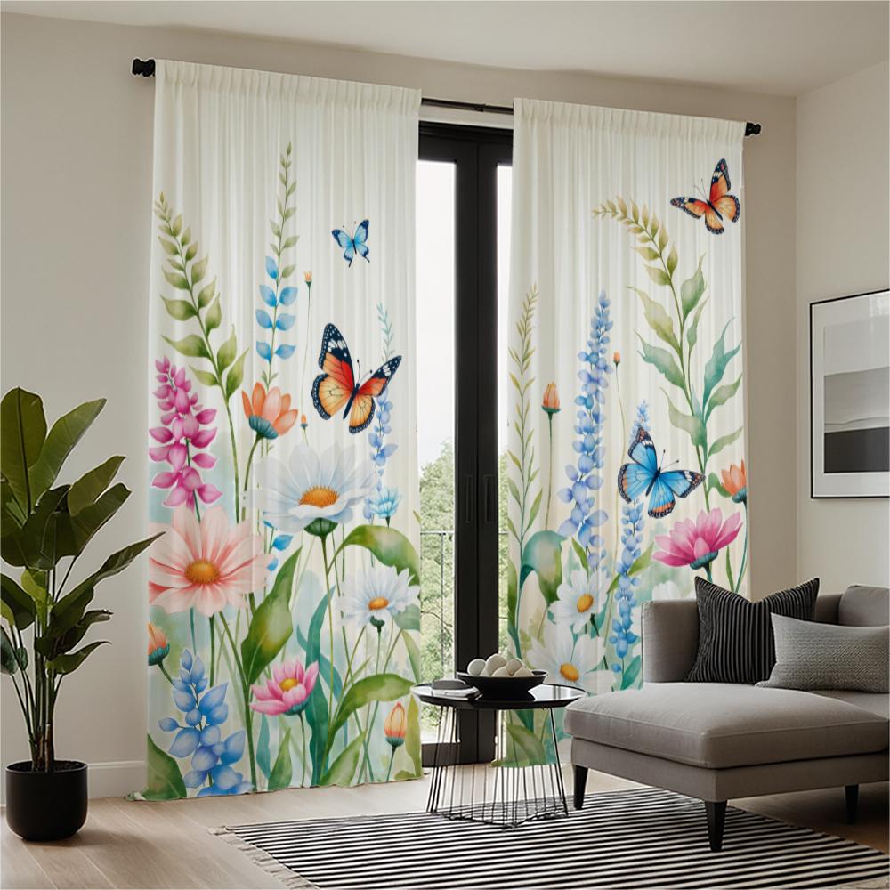 Piece Set High Definition Digital Printed Curtainwatercolor Floral Butterflies Pastel Colors Curtain Stylehome With Rod Pocket Polyester