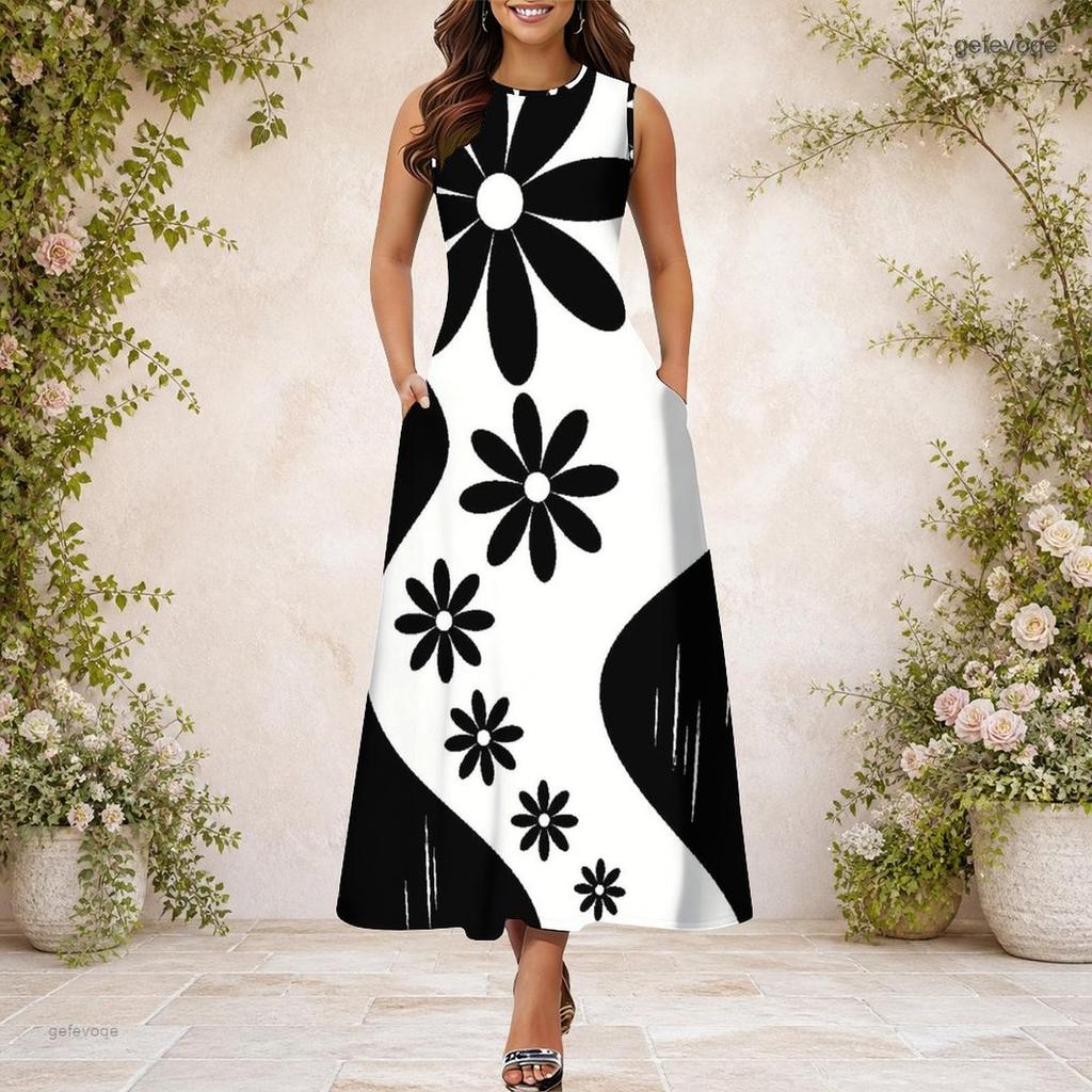 Women Plus Size Round Neck Sleeveless Black White Striped Printed A Line Long Dress With Pockets