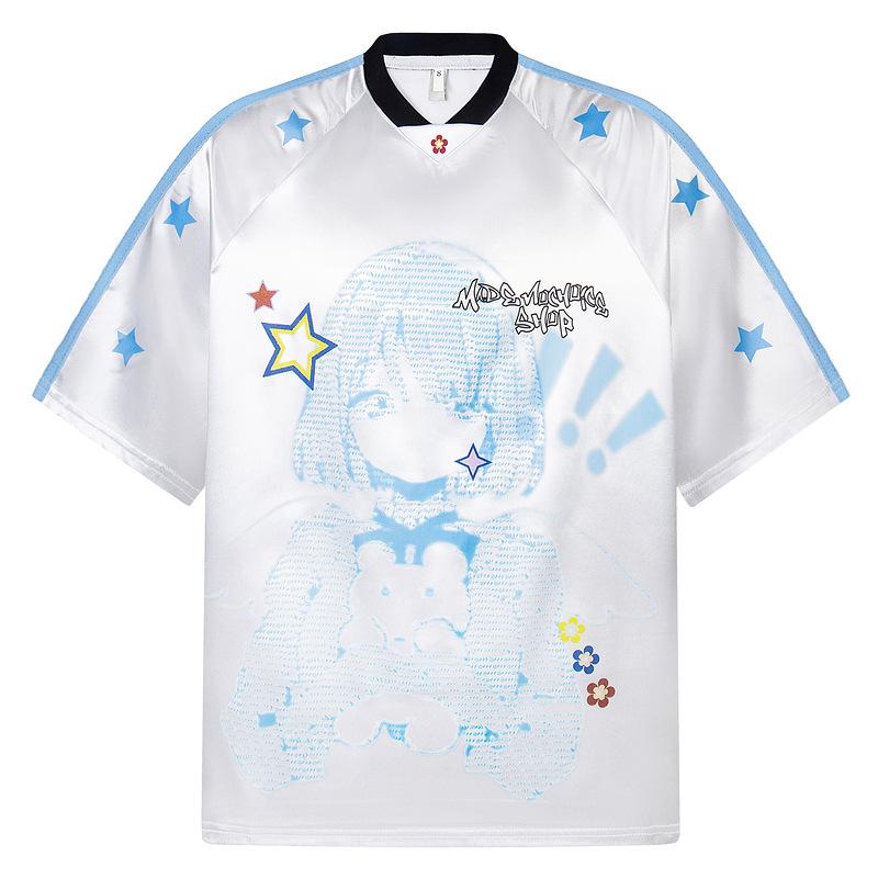 2025 New American Leisure College Style V-neck Jersey Top Men's and Women's Two-dimensional Satin Sports Short-sleeved T-shirt