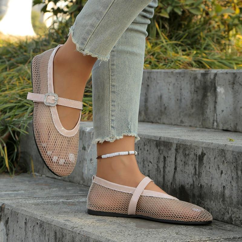 Spring New Sandals Women's Round Head Shallow Mouth Net Cloth Metal Buckle A Word with Soft Sole Non-slip Flat Shoes