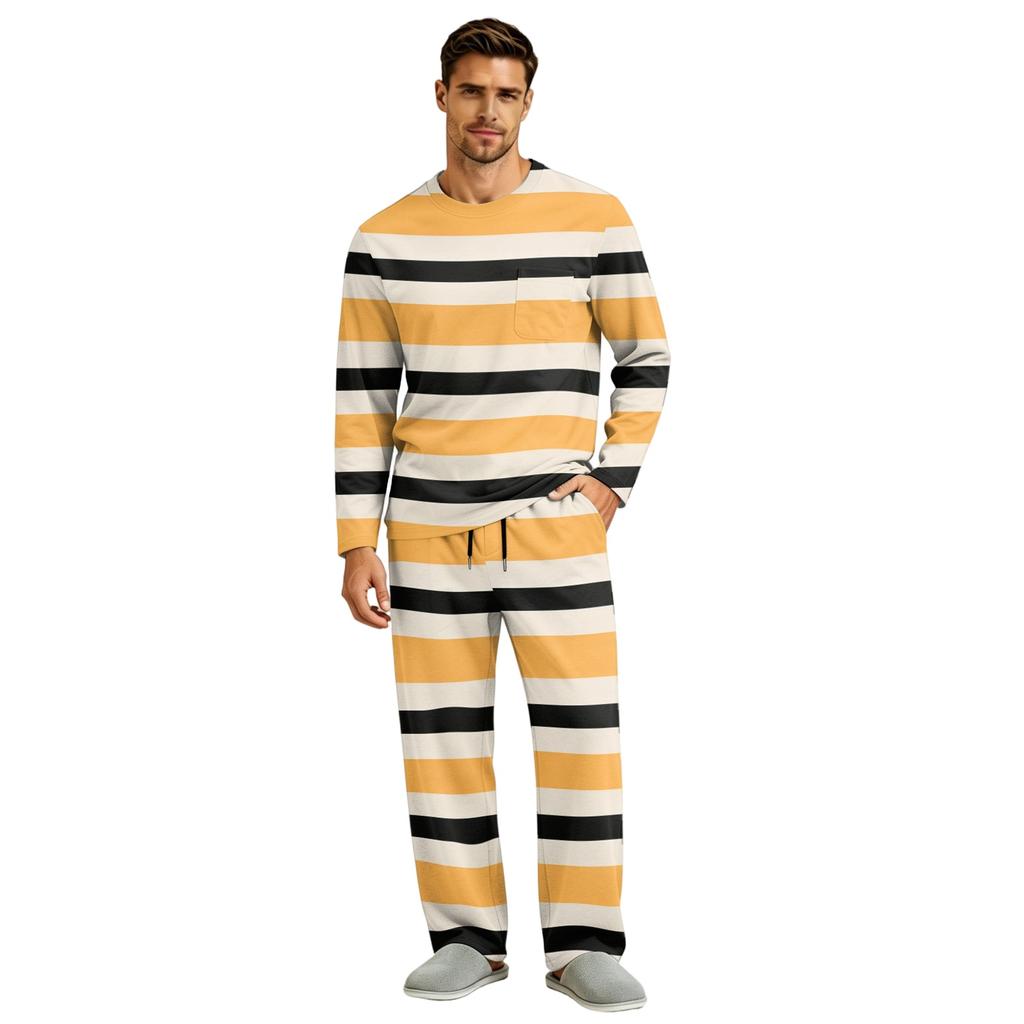 Men's Long Sleeve Pajama Set with Button Crotch and Elastic Drawstring Waist Pants for Home Loungewear