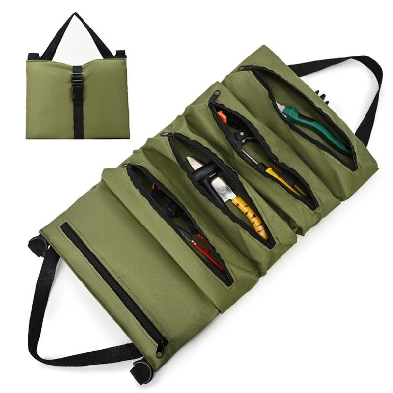 Roll Up Tool Bag Canvas Tool Organizer With 5 Zipper Pockets Hanging Tool Zipper Carrier Tote For Electrician Car Moto Repair