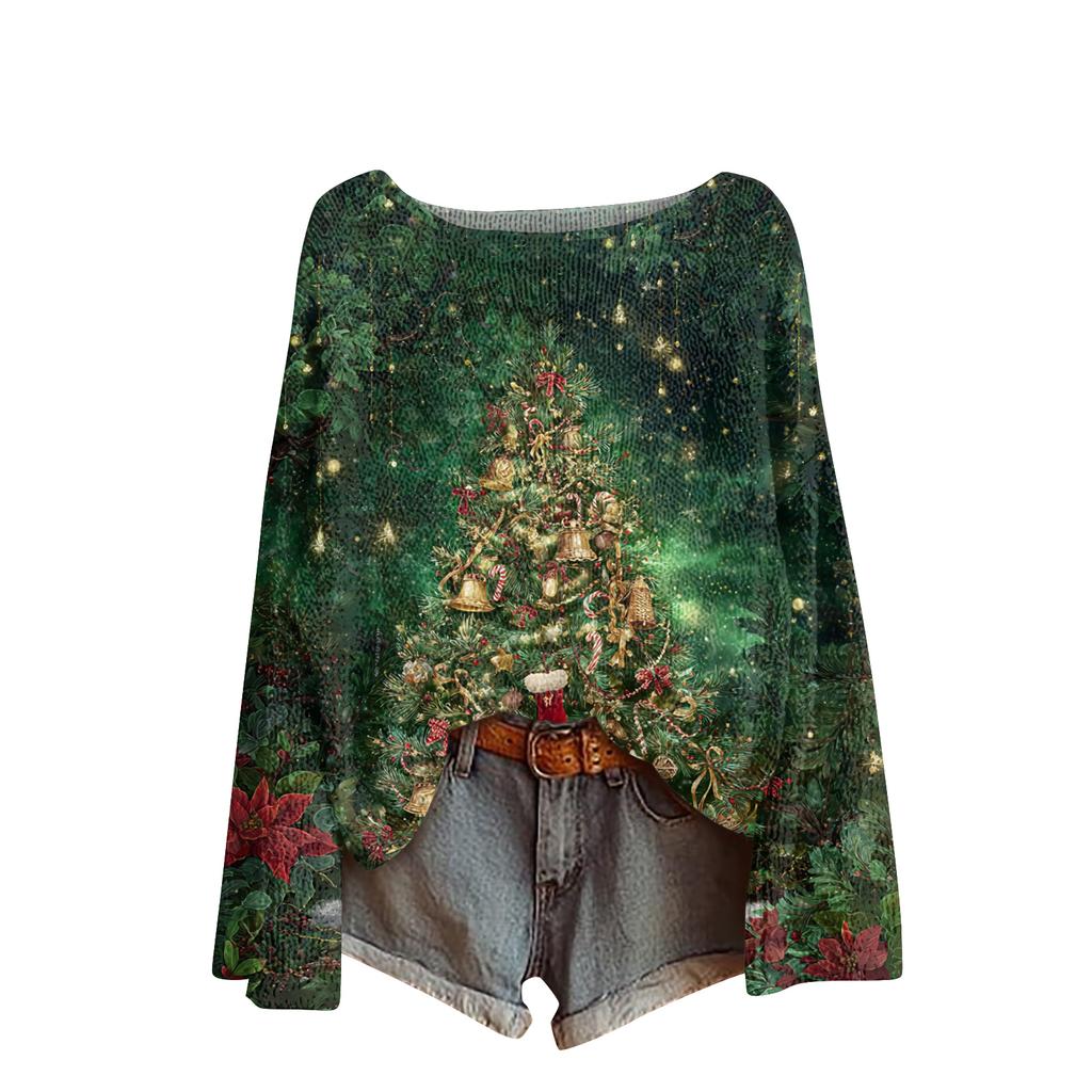 Women's Fashion Round Neck Long Sleeve Christmas Print Casual Pullover Sweater Top