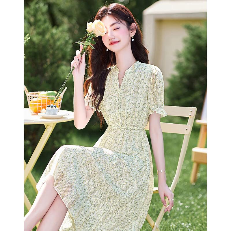 Si Shui Nian Hua Women's Floral Print Short Sleeve Midi Dress