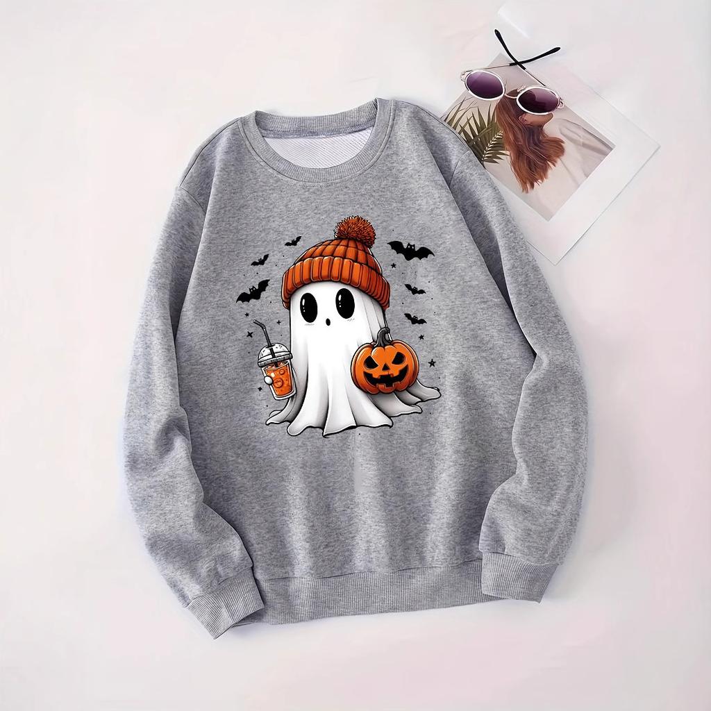 New 2025 European and American Halloween cute ghost print versatile crew neck casual long-sleeved sweater