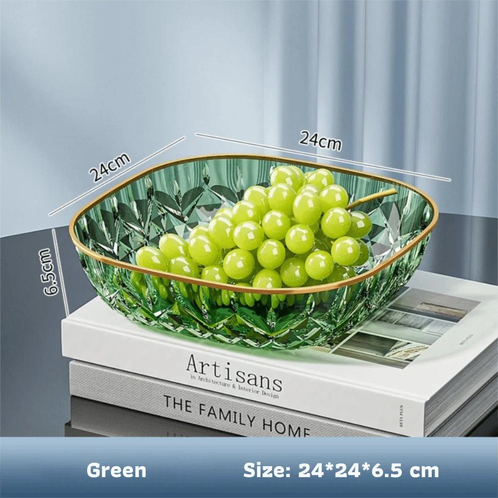 

Portable Plastic Fruit Bowl Golden Edge Large Capacity Transparent Fruit Tray Square Snack Plates Household зелений