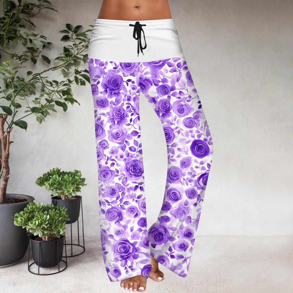 Women's Drawstring Elastic Waistband Wide Leg Color Matching Floral Printed Casual Pants