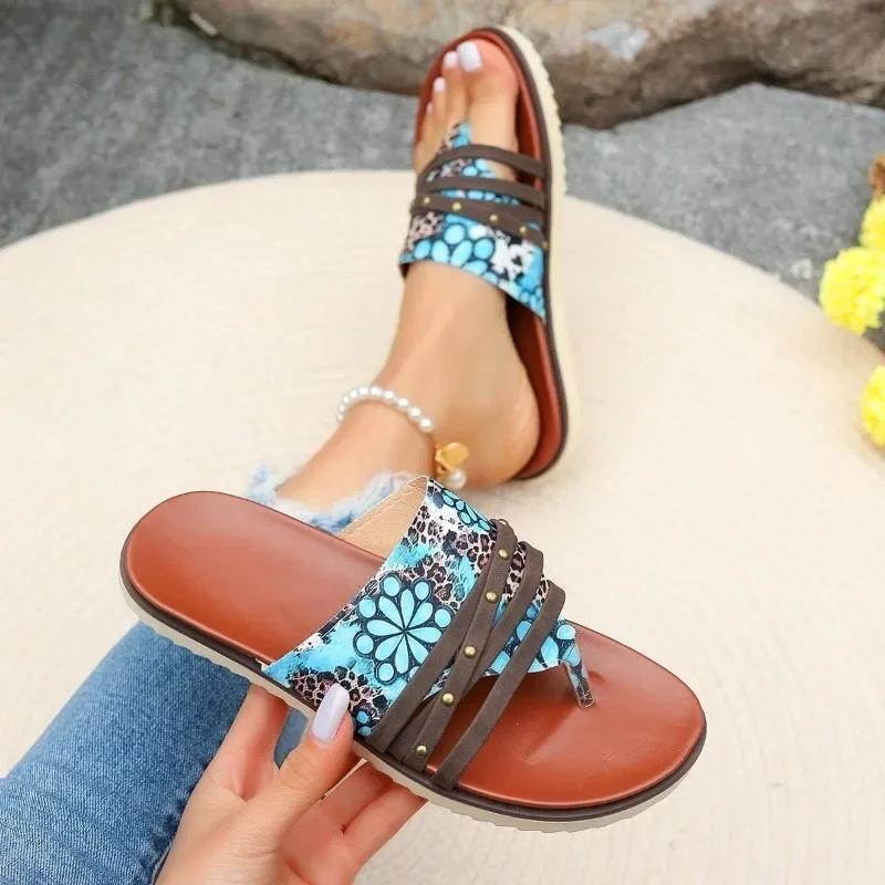 Women's Shoes New Promotion Flip-Toe Women's Slippers Summer Roman Mixed Color Outdoor Leisure Beach Flat Large Size Slippers