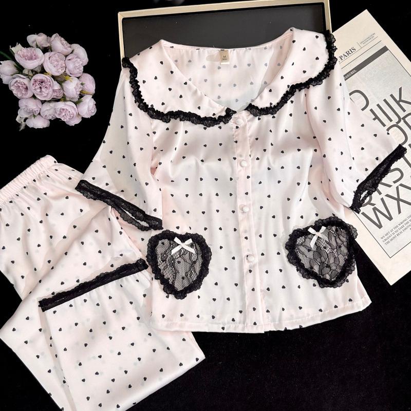 Cream pink polka dot 1011 new ice and snow silk pajamas casual loungewear short-sleeved trousers set sweet French