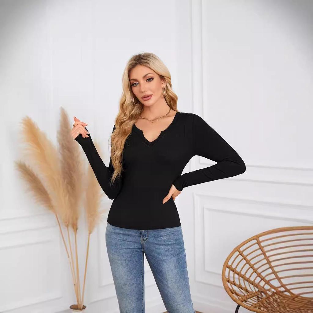 T-shirt da donna con scollo a U profondo, incrociata, a maniche lunghe - Moda Trendy 2024